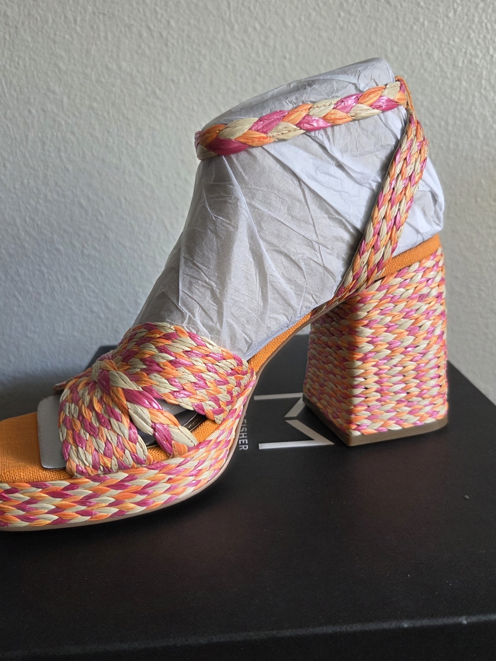 Schultz Multicolor Braided Block Heel Sandal in Pink, Orange, Cream